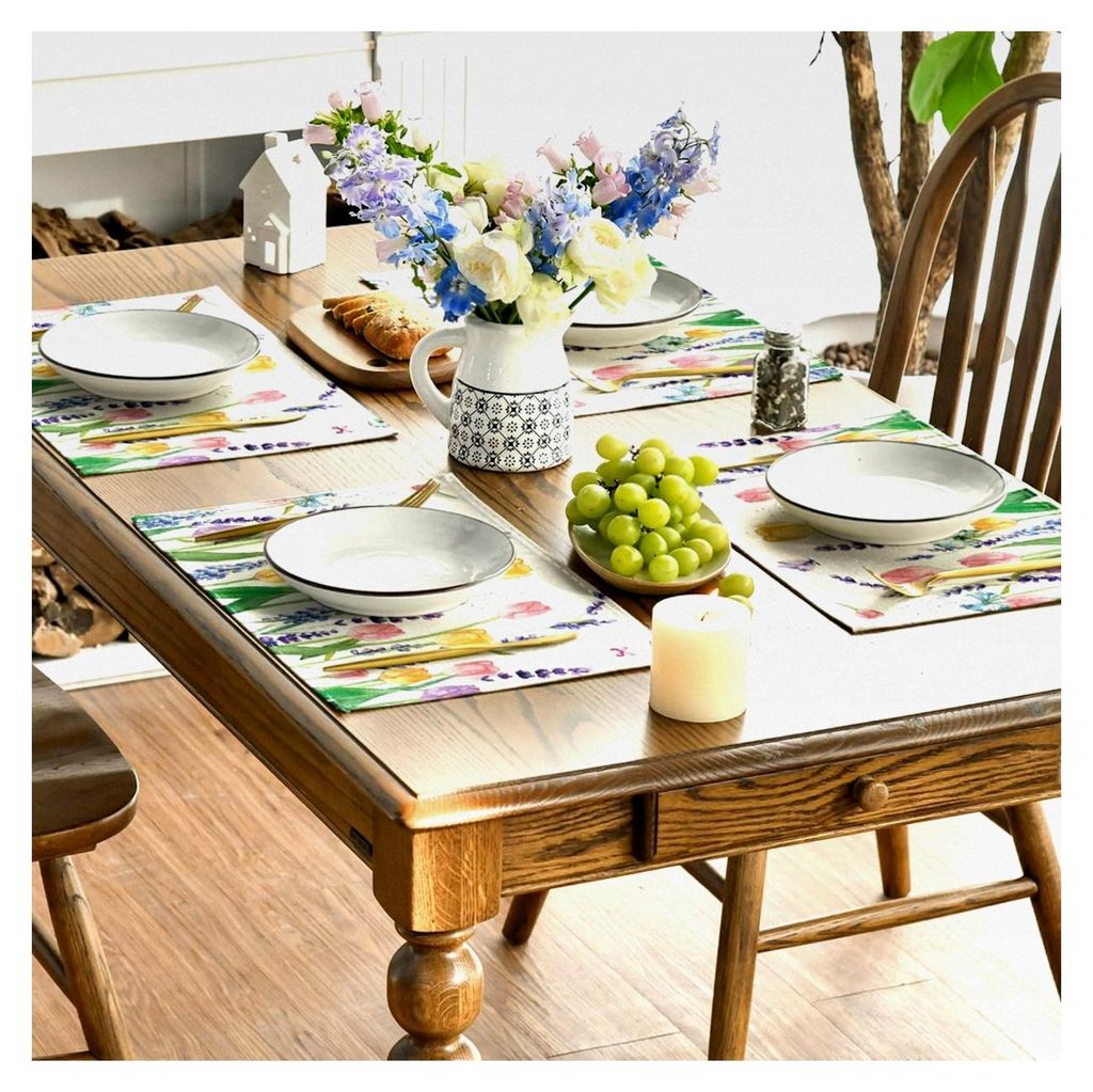 Tulpe Lavendel Frühling 4er Set Platzsets, Saisonale Sommer Küche Tischdekoration Drinnen Urlaub Party Dekor 30x45cm