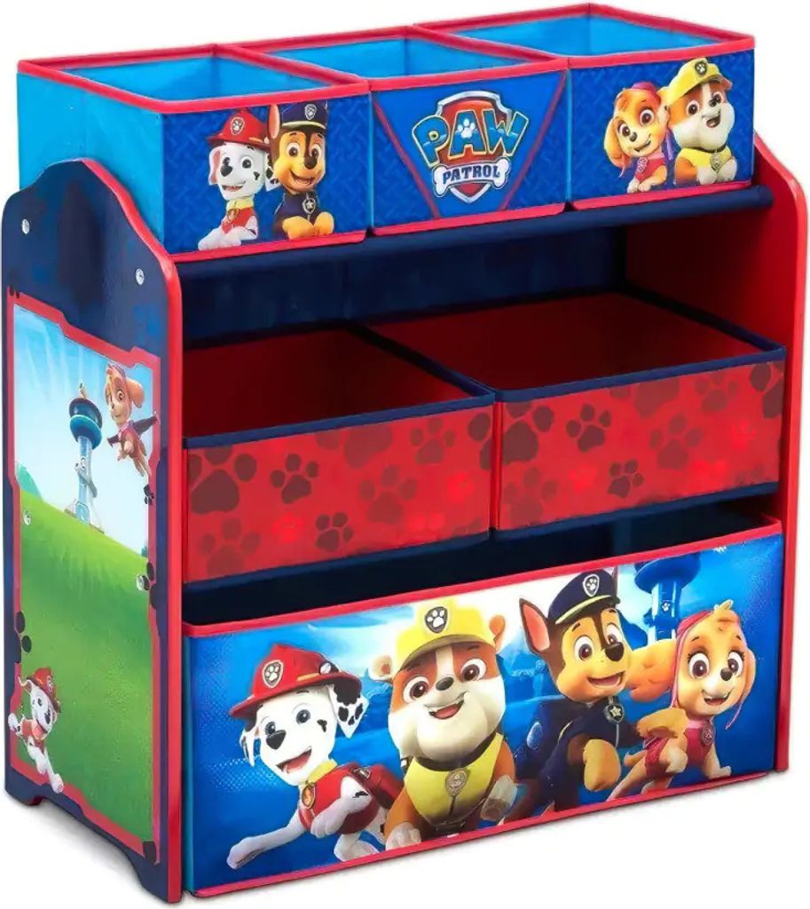 A Paw Patrol toy organizer with multiple compartments and shelves, featuring characters from the show.