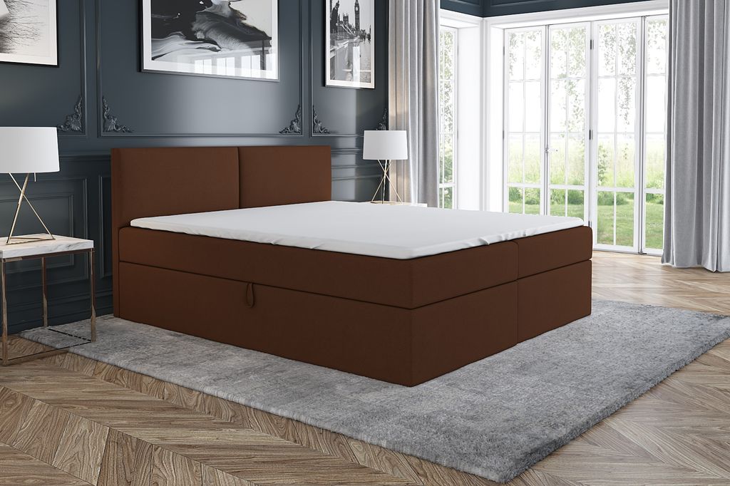 Boxspringbett UNN 120 x 200 mit 2 Bettkästen, Bonell-Matratze und Topper. Farbe: Braun