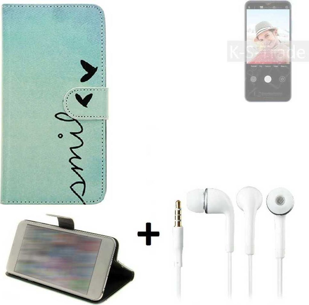 K-S-Trade Schutz Hülle Handy Hülle kompatibel mit Blackview A52 360° Wallet Case Schutz Hülle ''smile'' inkl. Ohrstöpsel Smartphone cover