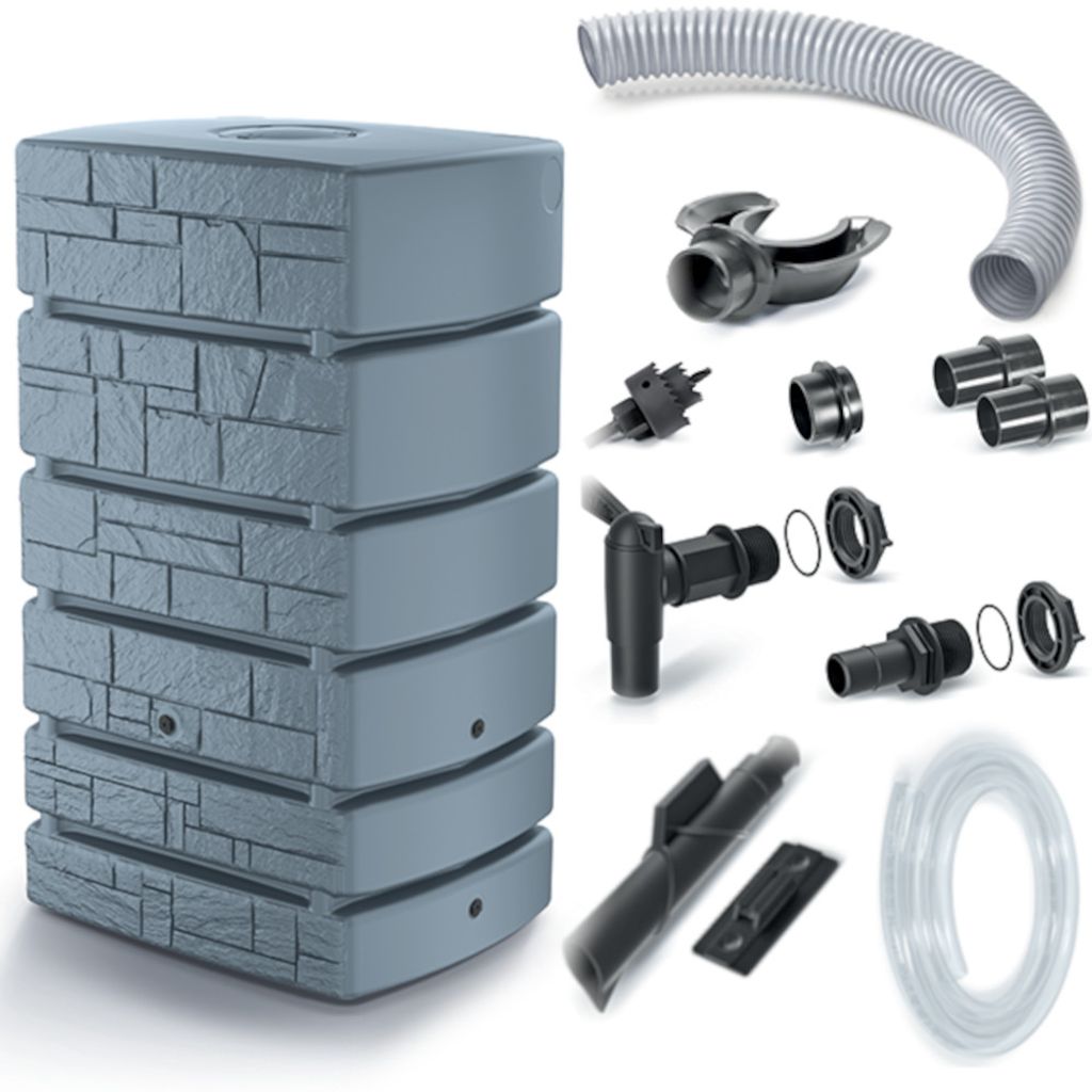 Set Turmstein 500L Regenwassertank + Anschlusskit für Regenwassertanks Icanset 1 + Icanset 5