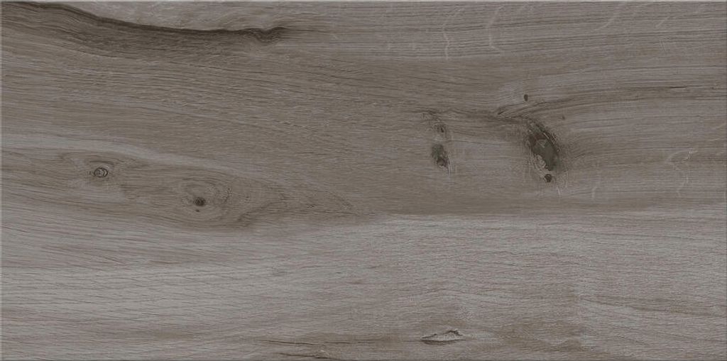 A close-up view of a wood-look tile with a gray tone and visible grain.