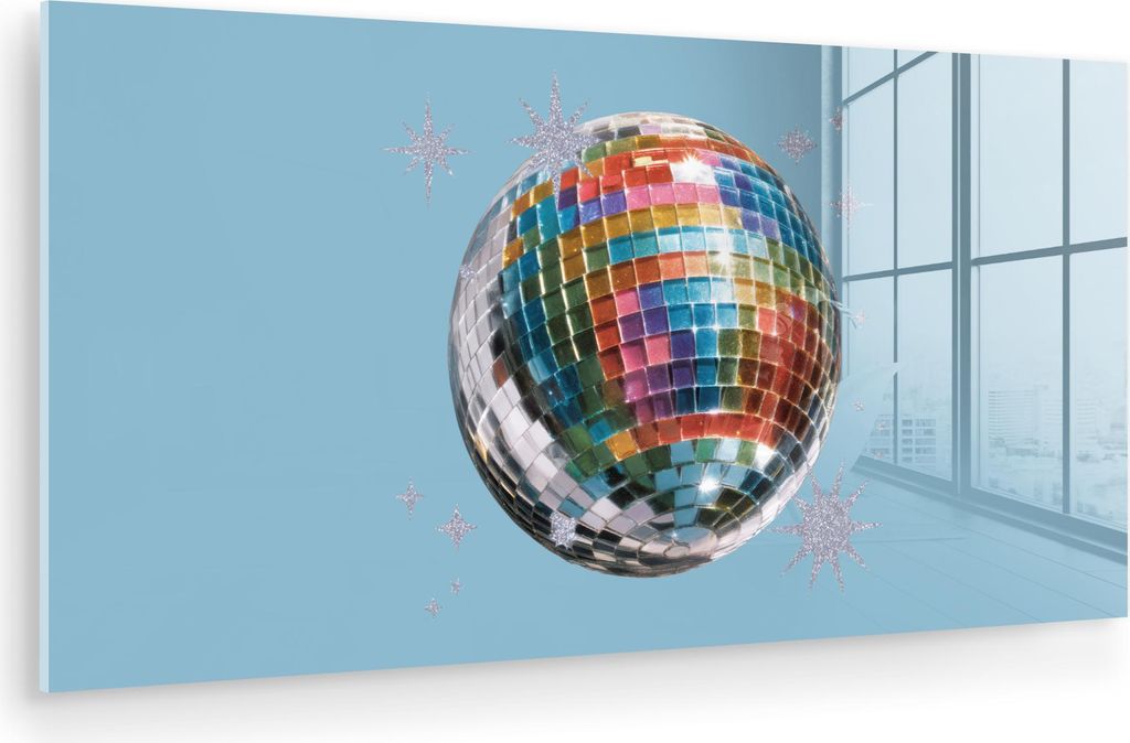 MuchoWow Glasbilder - Bilder auf Wandbild - Foto auf Glas Discokugel - Schimmernde Sterne - Regenbogen 120x60 cm Wanddekoration aus Glas - Acrylgla...