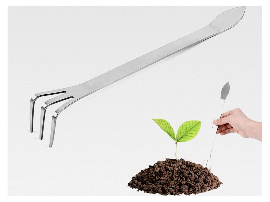 Bonsai-Schaufelharke, Wurzelschwader aus Edelstahl mit 3 Zinken und ergonomischem Griff