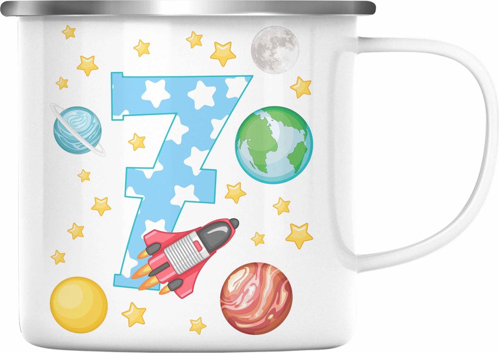Trendation - 7. Geburtstag Emaille Tasse Geschenk Becher Siebter Bday Geschenkidee 7 Jahre Alt Junge Mädchen KakaoEmaille Tasse (Silber)