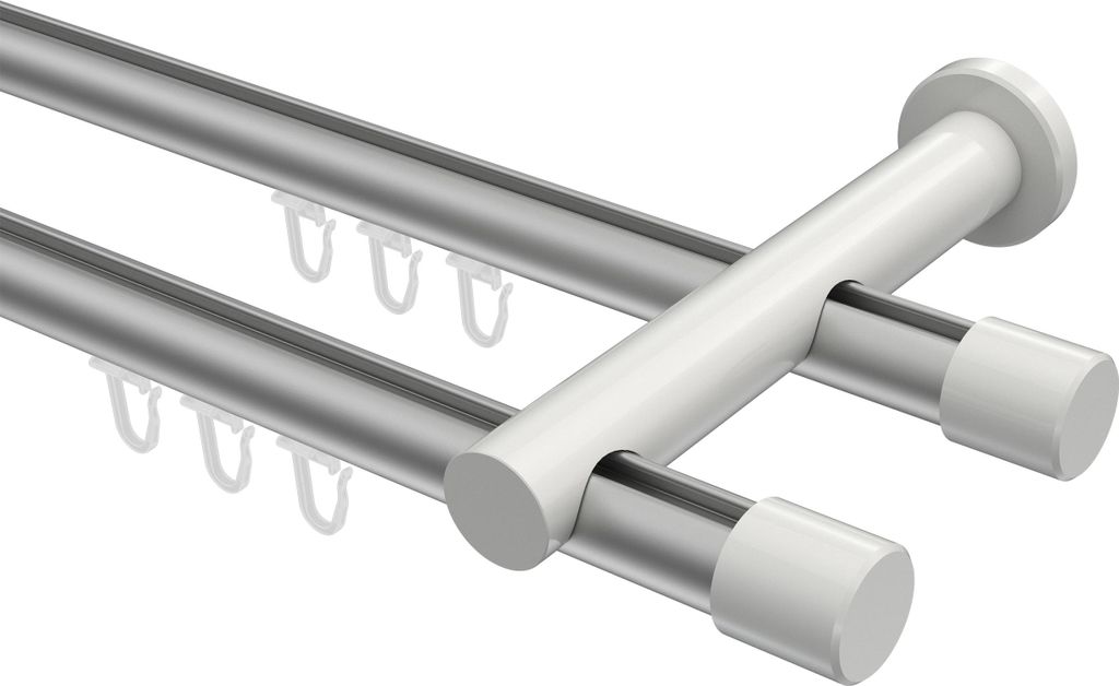 Interdeco Innenlaufstange / Gardinenstange mit Innenlauf Silbergrau / Weiß, Typ Platon Santo (Kappe), 20 mm Ø 2-läufig, 540 cm