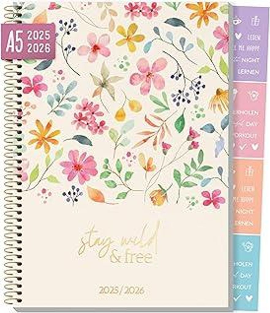 HäfftCollege-Timer A5 2025/2026, Schülerplaner mit Sprüchen und Stickern Flower Power Schulplaner Hausaufgabenheft - nachhaltig & klimafreundlich