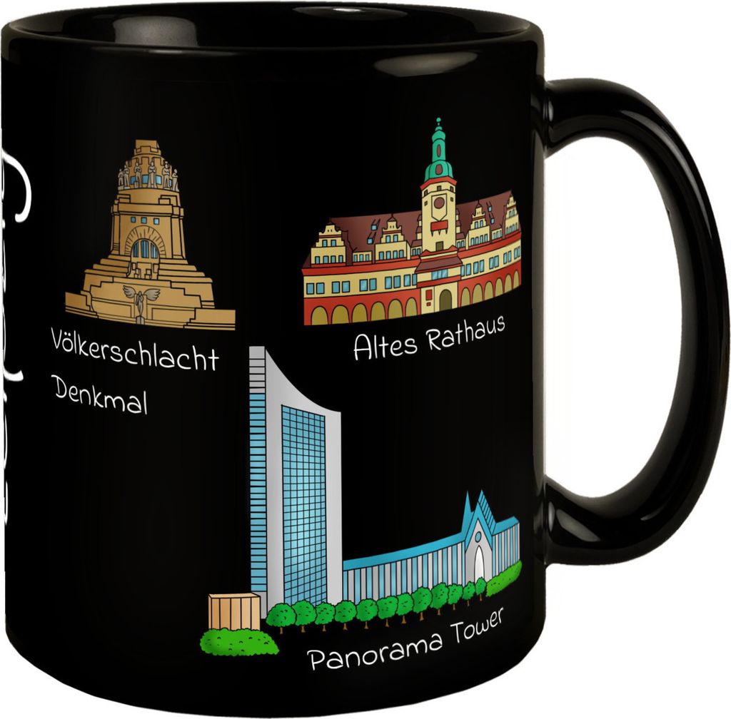 Leipzig Wahrzeichen Tasse in schwarz mit Text