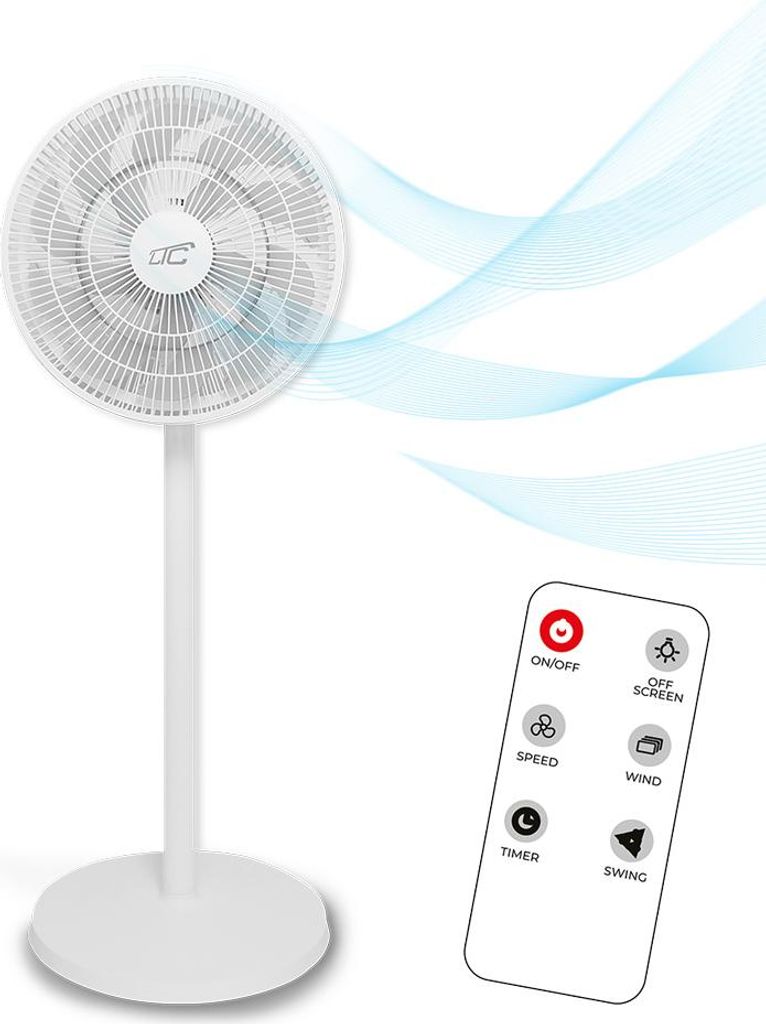 A white stand fan with blue wavy lines indicating airflow, and a remote control with buttons.