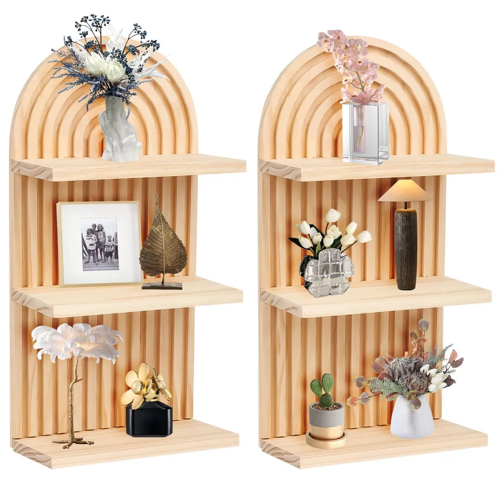 Étagère murale bohème en bois à 2 niveaux, décor arc-en-ciel naturel