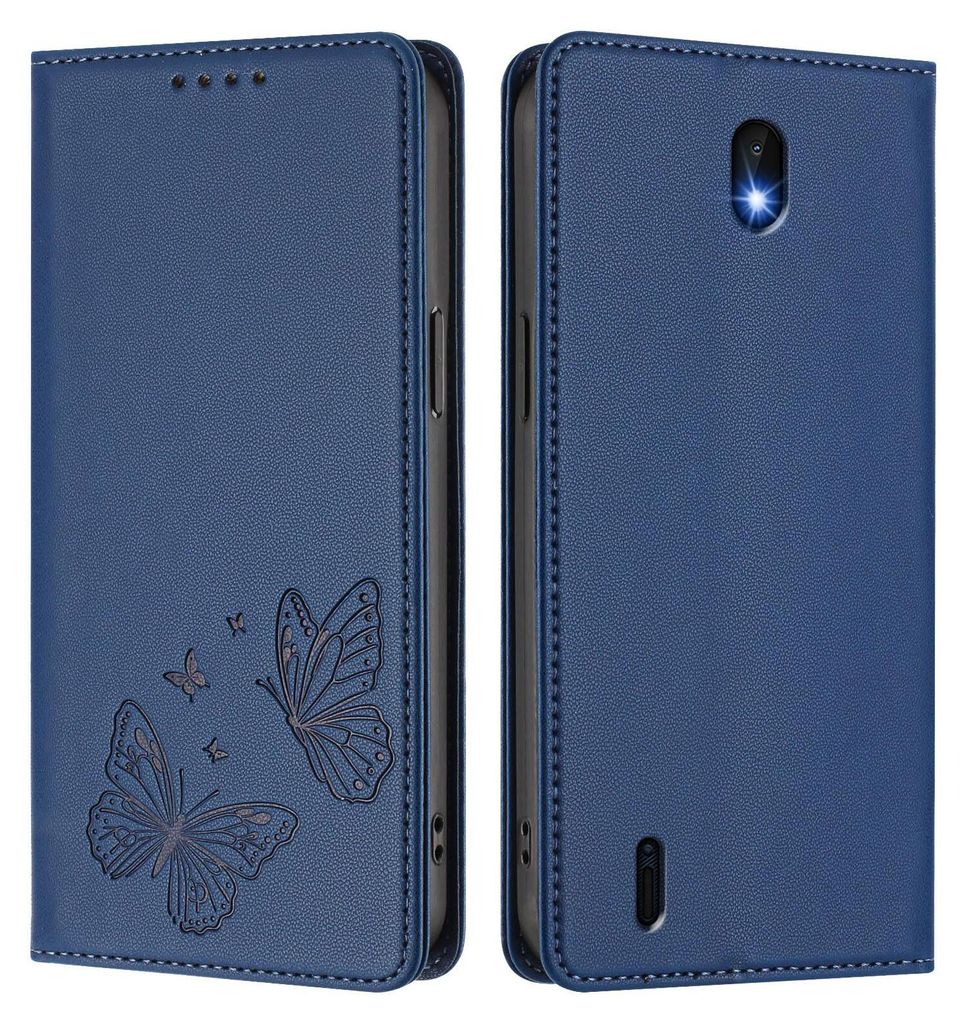 Lederhülle für Nokia C01 Plus/Nokia C1 2nd Edition, Schmetterling Prägung Leder Brieftasche Schutzhülle mit Ständer Dunkelblau
