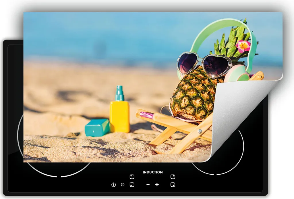 DarHaus Piastra di copertura per fornelli 90x52 cm Tappetino antiscivolo Roll-up, spiaggia - ananas