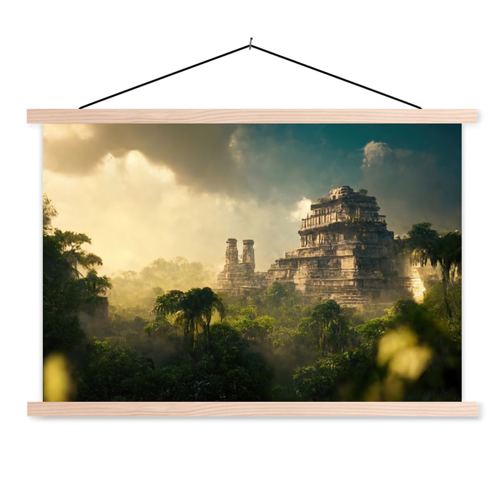 MuchoWow Textilposter Tempel - Dschungel - Wolken - Himmel - Natur 120x80 cm mit holzfarbenen Rahmen - Aufhängeset