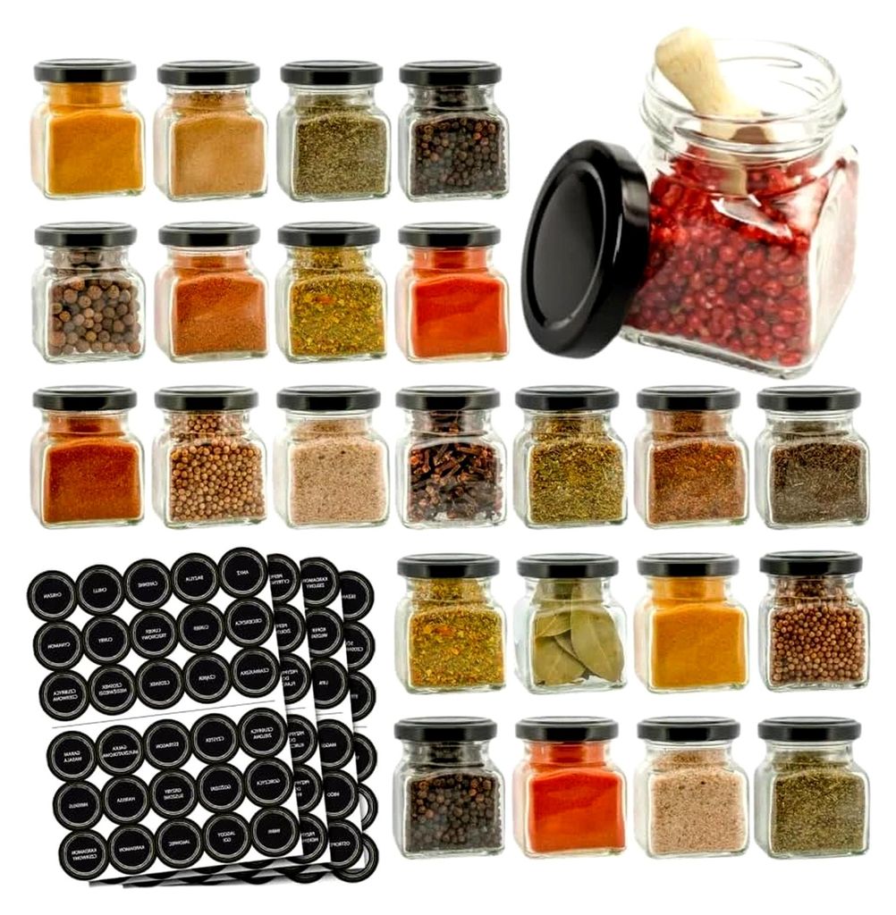 Set mit 24 Gewürzdosen und Etiketten - Glas 150ml - Transparent mit schwarzen Deckeln - für Gewürze, Kräuter, Konserven