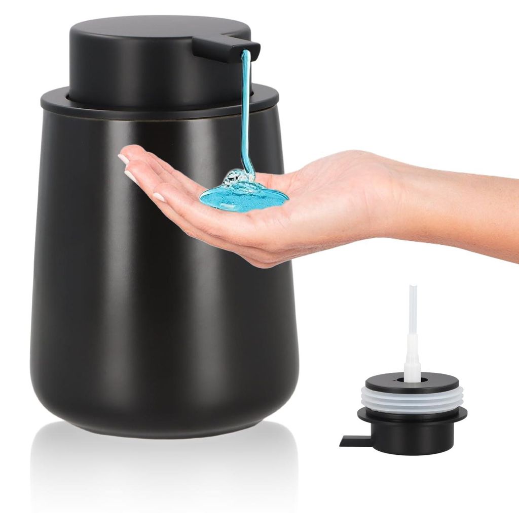 400 ml Keramik-Seifenspender, schwarz, Badezimmer-Seifenspender mit großem Pumpkopf für einfaches Drücken, nachfüllbarer Porzellan-Handseifensp...