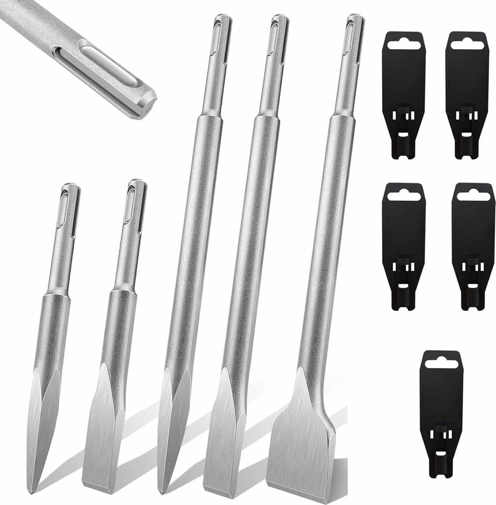 SDS Plus Meißel Set (5 tlg) Flachmeißel, Breitmeißel Spitzmeißel für Beton, Mauerwerk, Fliesen Naturstein Ideal zum Entfernen von Fliesenklebe...