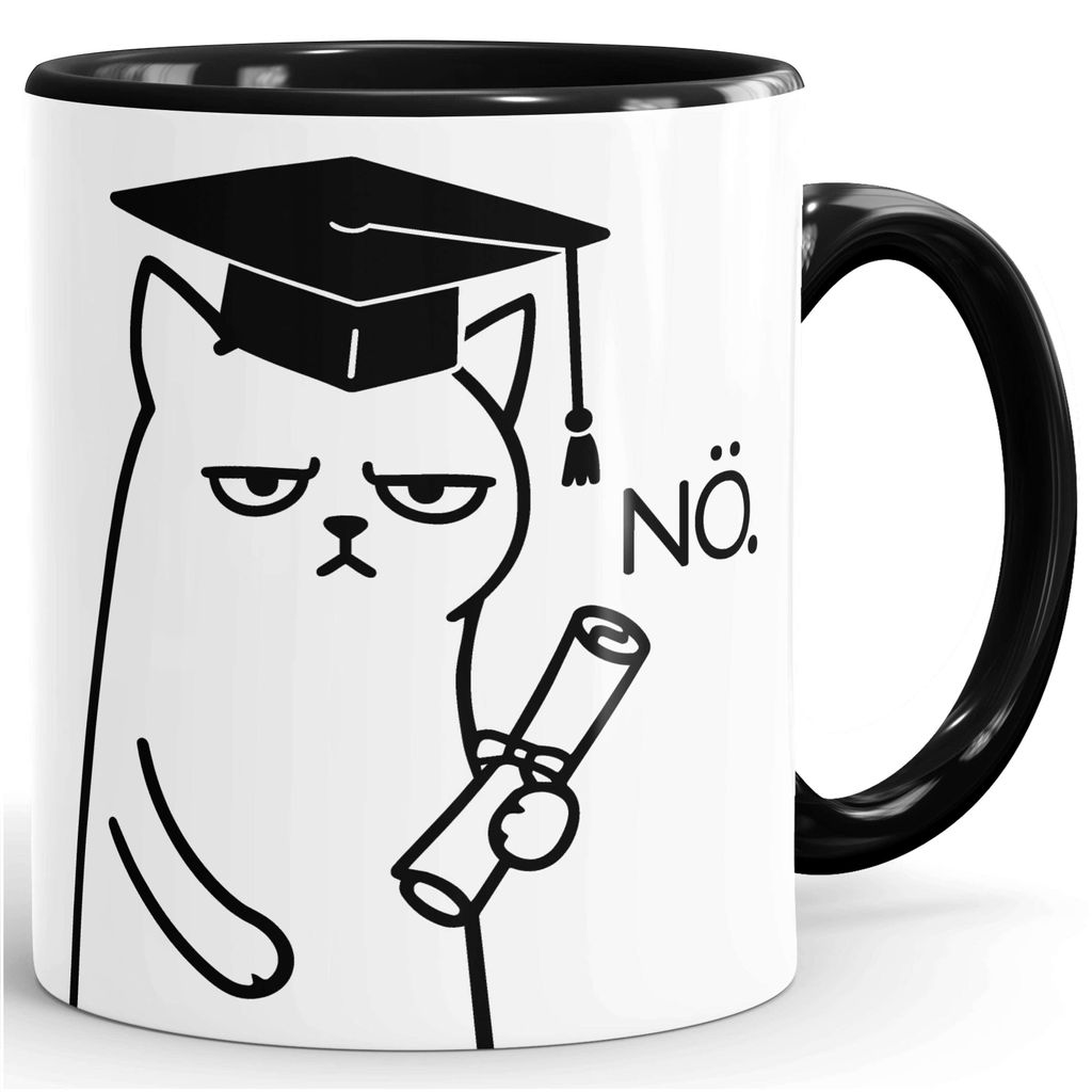 Kaffee-Tasse grantige Katze Nö - Ironie Geschenk Lustig Abschluss - Bachelor Diplom Examen - Keramik Moonworks