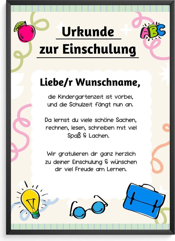 Personalisierte Urkunde zur Einschulung Schulkind Geschenkidee Schulanfang – DIN A4 + Rahmen schwarz