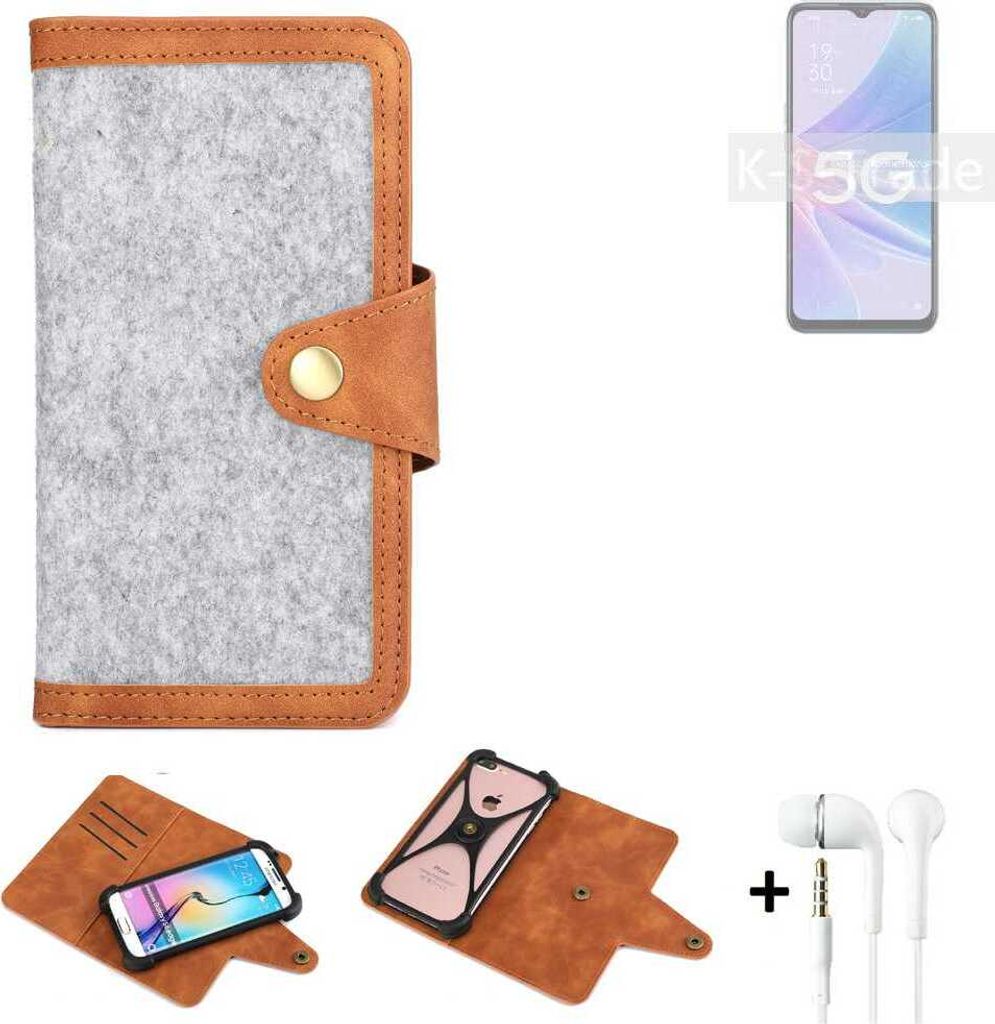 K-S-Trade Handyhülle + Kopfhörer kompatibel mit Oppo A97 5G Schutzhülle Filz Hülle Kunstleder hellgrau braun (1x)