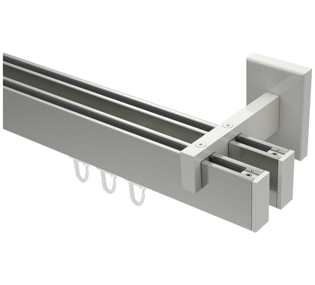 Interdeco Innenlaufstange / Gardinenstange mit Innenlauf Edelstahl-Optik / Weiß, Typ Smartline Paxo (Kappe), 14x35 mm 2-läufig, 540 cm
