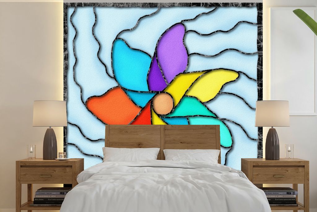 MuchoWow Fototapete für Wohnzimmer oder Schlafzimmer Wandtapete Vinyl Motivtapete Eine Illustration einer Windmühle aus farbigem Glas - 240x240...