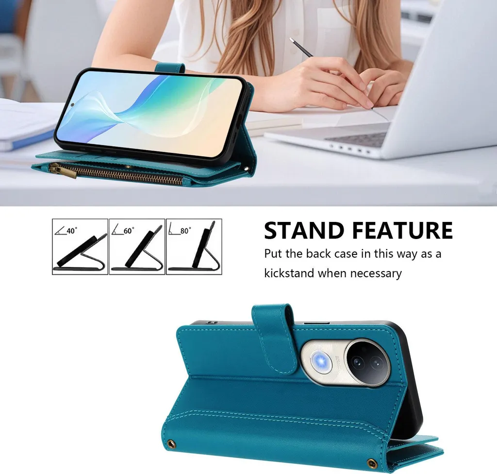Custodia per Vivo S20, con cerniera, portafoglio Custodia flip in Finto cuoio con tasche per carte, supporto e passante per la mano Lago blu - 2
