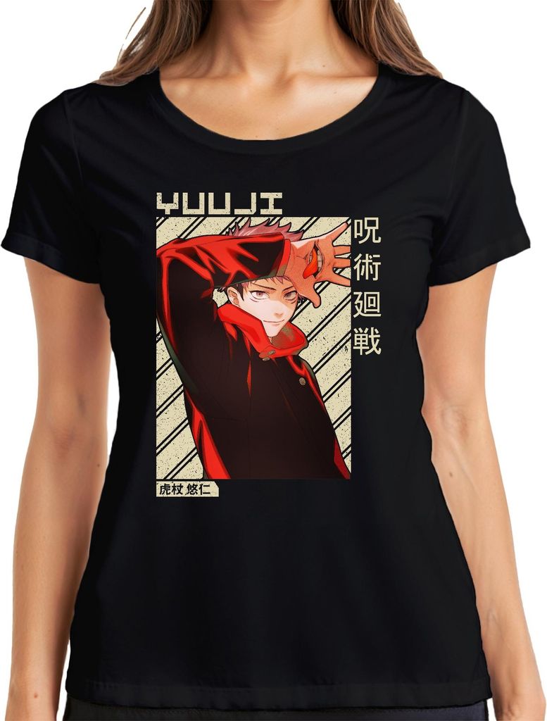 Yuji Itadori Jujutsu Kaisen Anime Fan Geschenk Rot Vintage Damen T-Shirt, Schwarz, XXL
