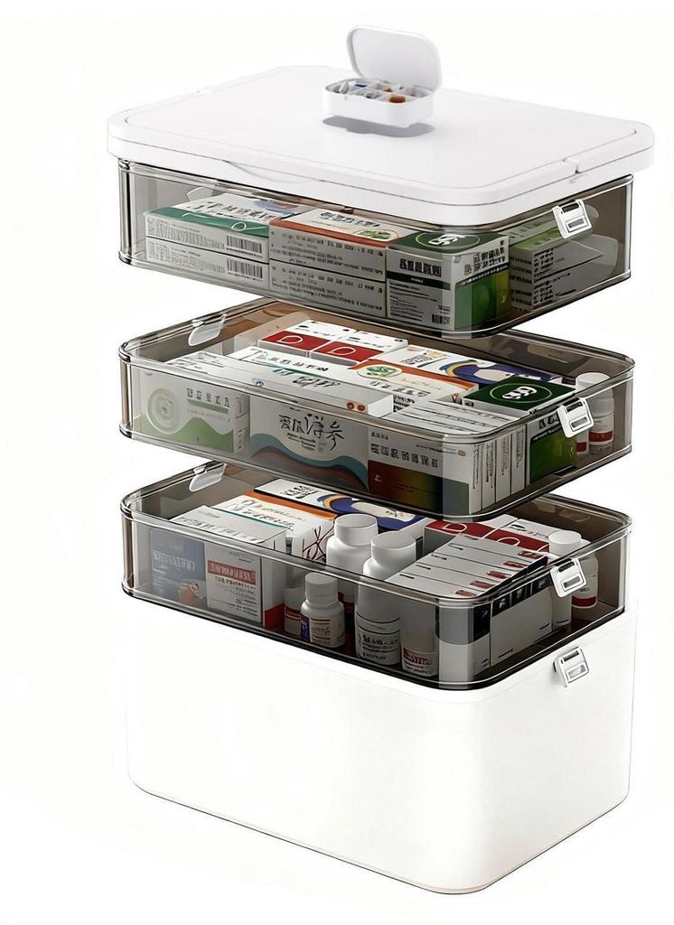 Tablettenbox groot, 4-laags, met draaghandvat, voor het n Productafbeelding 