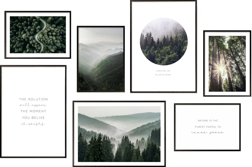 Hyggelig Home Premium Poster Set - 7 passende Bilder OHNE RAHMEN im stilvollen Set - 3 x DIN A3 + 4 x DIN A4 - Set Forest
