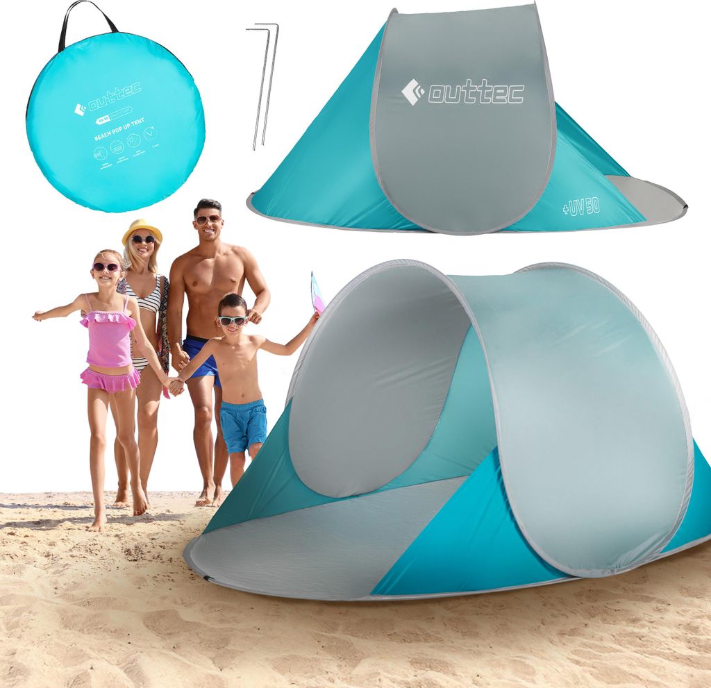 Outtec Strandmuschel mit UV Schutz - Pop Up Zelt, Strand Sonnenschutz, Windschutz, Strandzelt mit Sandtaschen - für Baby, Kinder und Erwachsene
