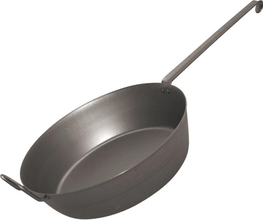 A single, dark-colored oval frying pan with a long handle is shown against a white background.