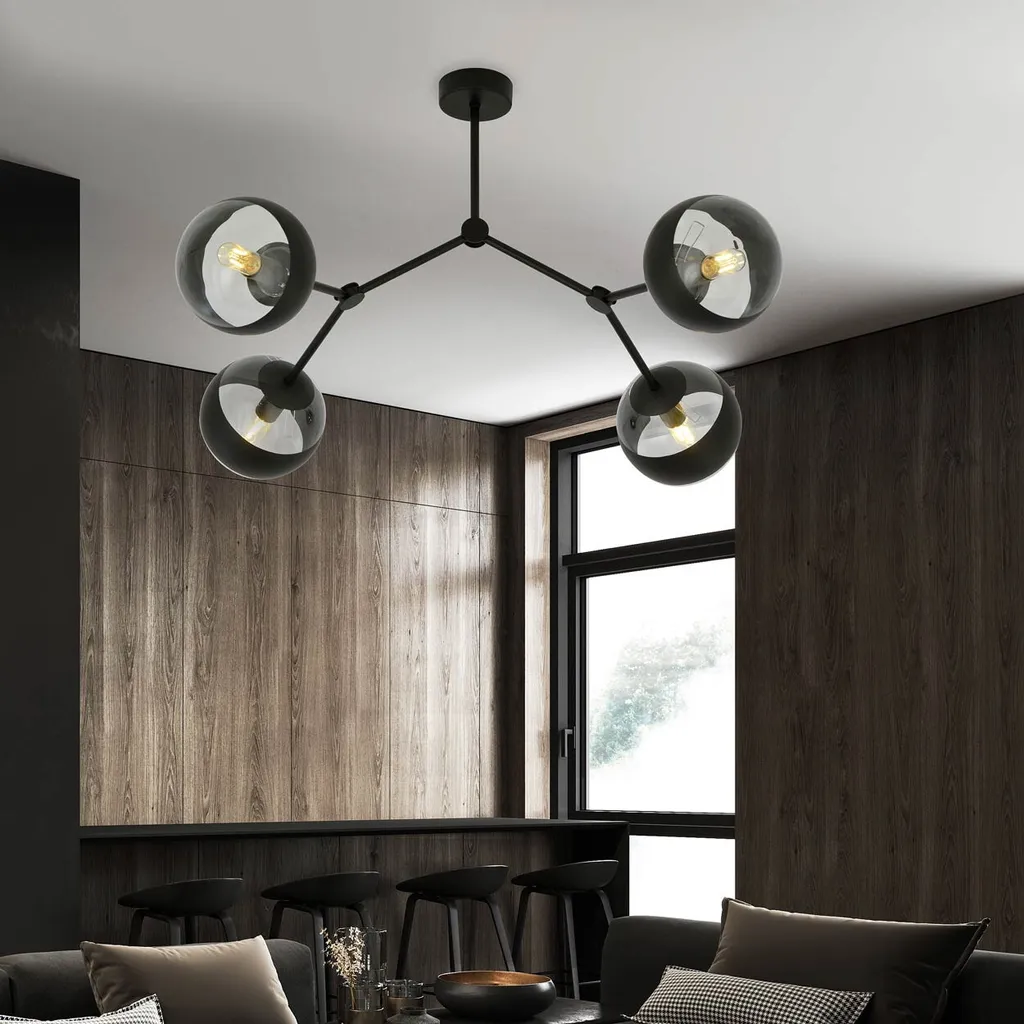 Plafonnier de salon moderne 4 bras Emibig SPACE Noir et Rayures 40W