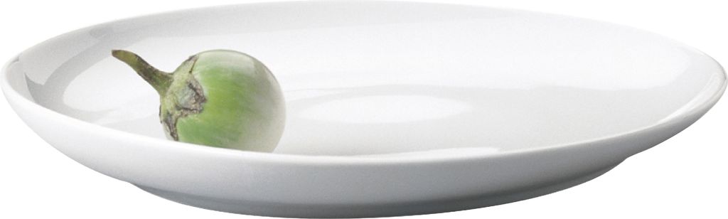 A single green eggplant on a white plate.