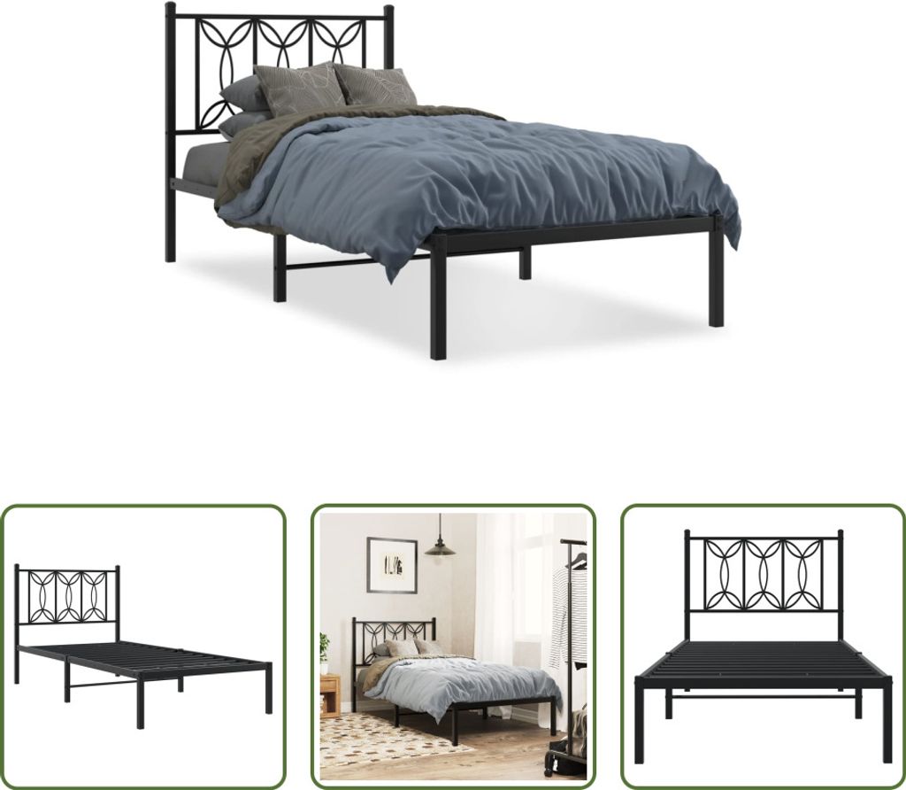 The Living Store Bettgestell mit Kopfteil Metall Schwarz 75x190 cm
