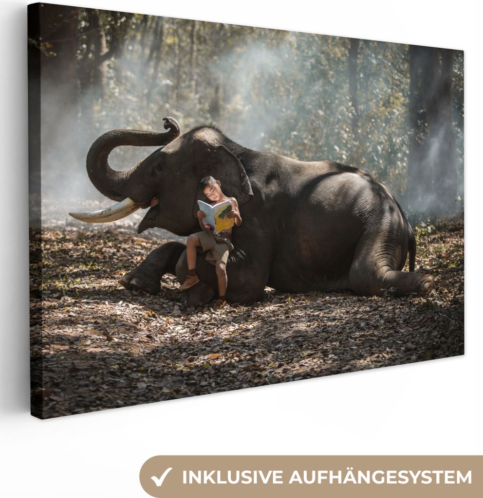 OneMillionCanvasses - Leinwandbilder - 140x90 cm, Elefant - Junge - Buch - Wald - Tiere - Natur, Wandbilder Kunstdruck Wanddekoration