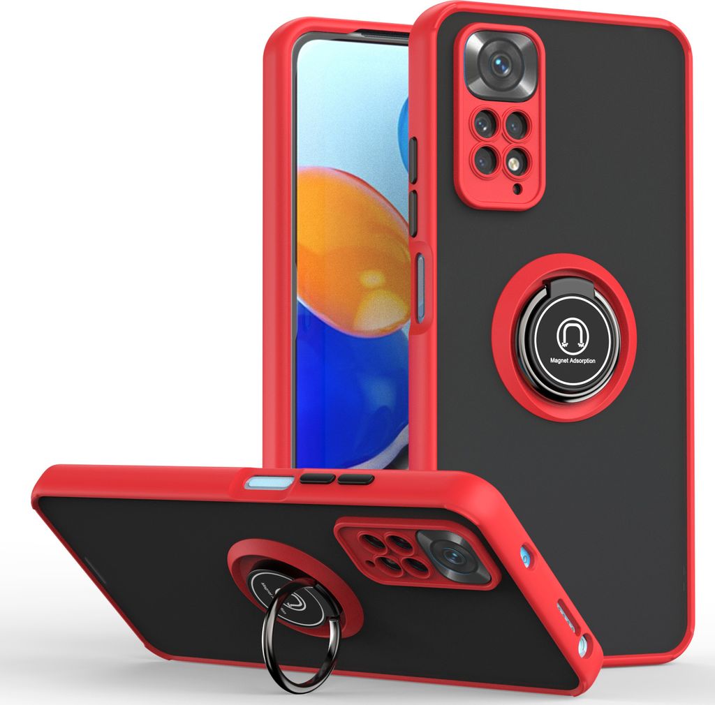Redmi Note 11 Pro Hülle, Ring Halter Ständer Matte Transluzent TPU Rahmen Stoßfest Schutzhülle für Xiaomi Redmi Note 11 Pro 5G / 4G Rot
