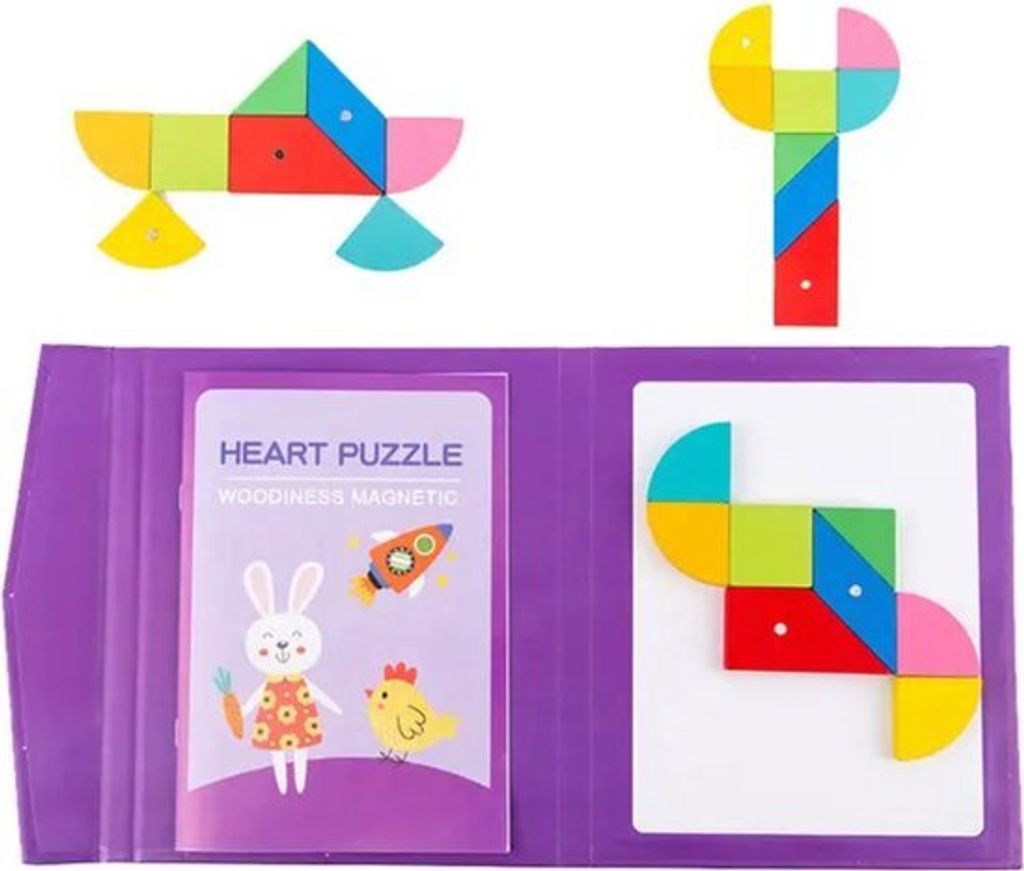 Tangram Puzzle - Herz - Lila - 96 Puzzles - Magnetbuch - Holzpuzzle - Formen Puzzle - Puzzlebuch - Reisespiel - Reisespielzeug - Lernspielzeug - R...