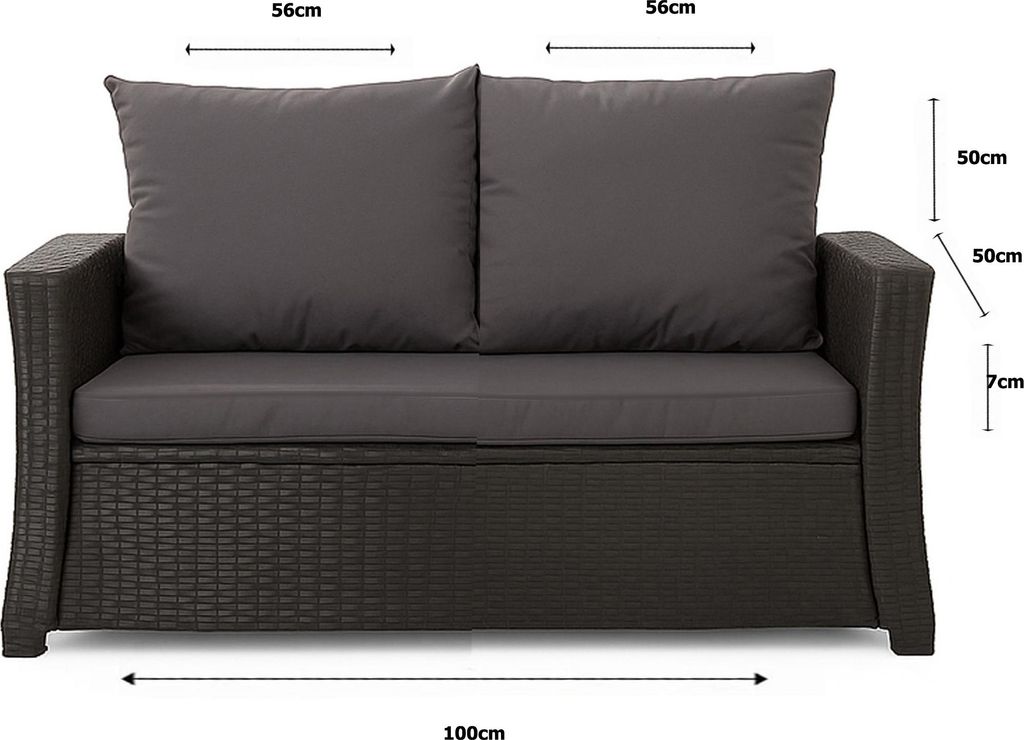 A front view of a dark grey outdoor sofa with dark grey cushions, showing dimensions.