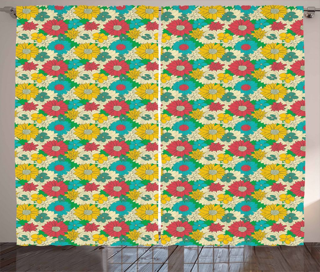 ABAKUHAUS Bunt Rustikaler Vorhang, Vintage Blumen Kunst, Wohnzimmer Universalband Gardinen mit Schlaufen und Haken, 280 x 225 cm, Mehrfarbig