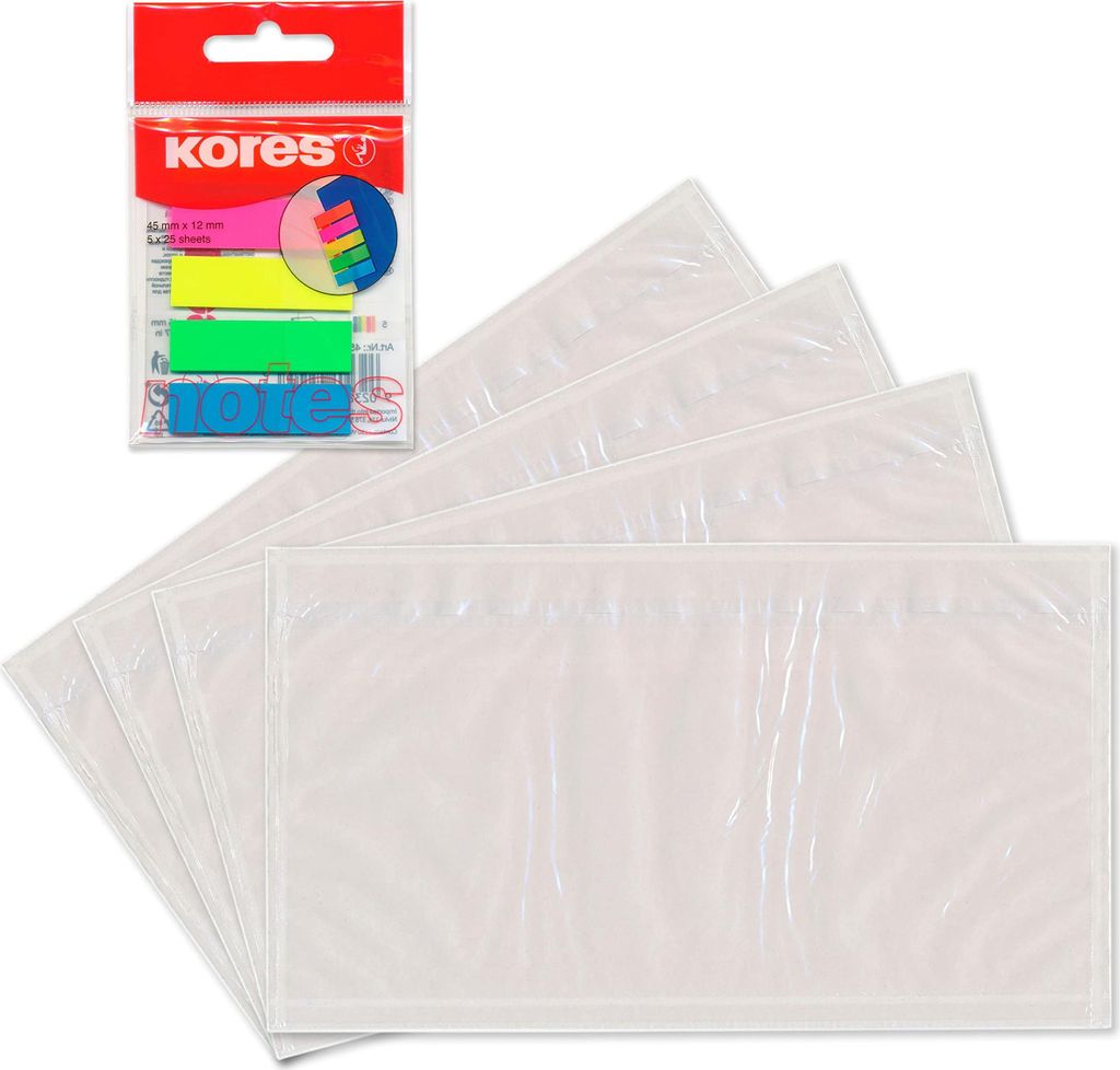 WPTrading - 250 x Lieferscheintaschen 225 x 120 mm in DIN-LANG Transparent inkl. 125 Page-Marker in 5 Farben selbstklebend