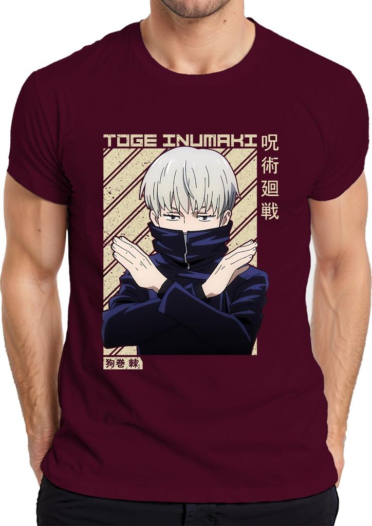 Toge Inumaki Jujutsu Kaisen Anime Geschenk Cosplay Silberhaar Herren T-Shirt, Burgundy, L