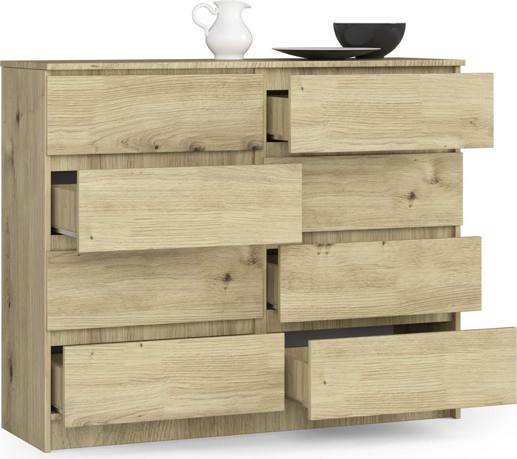 BDW, Kommode mit 8 Schubladen, 120x99x40 cm, viel Stauraum, Eiche Artisan