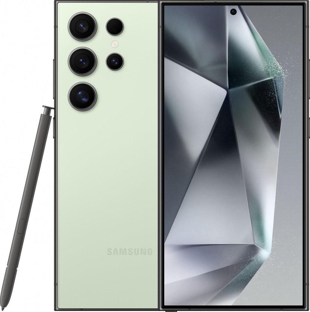 A light green Samsung Galaxy S24 Ultra smartphone with its stylus is shown from the back and front.