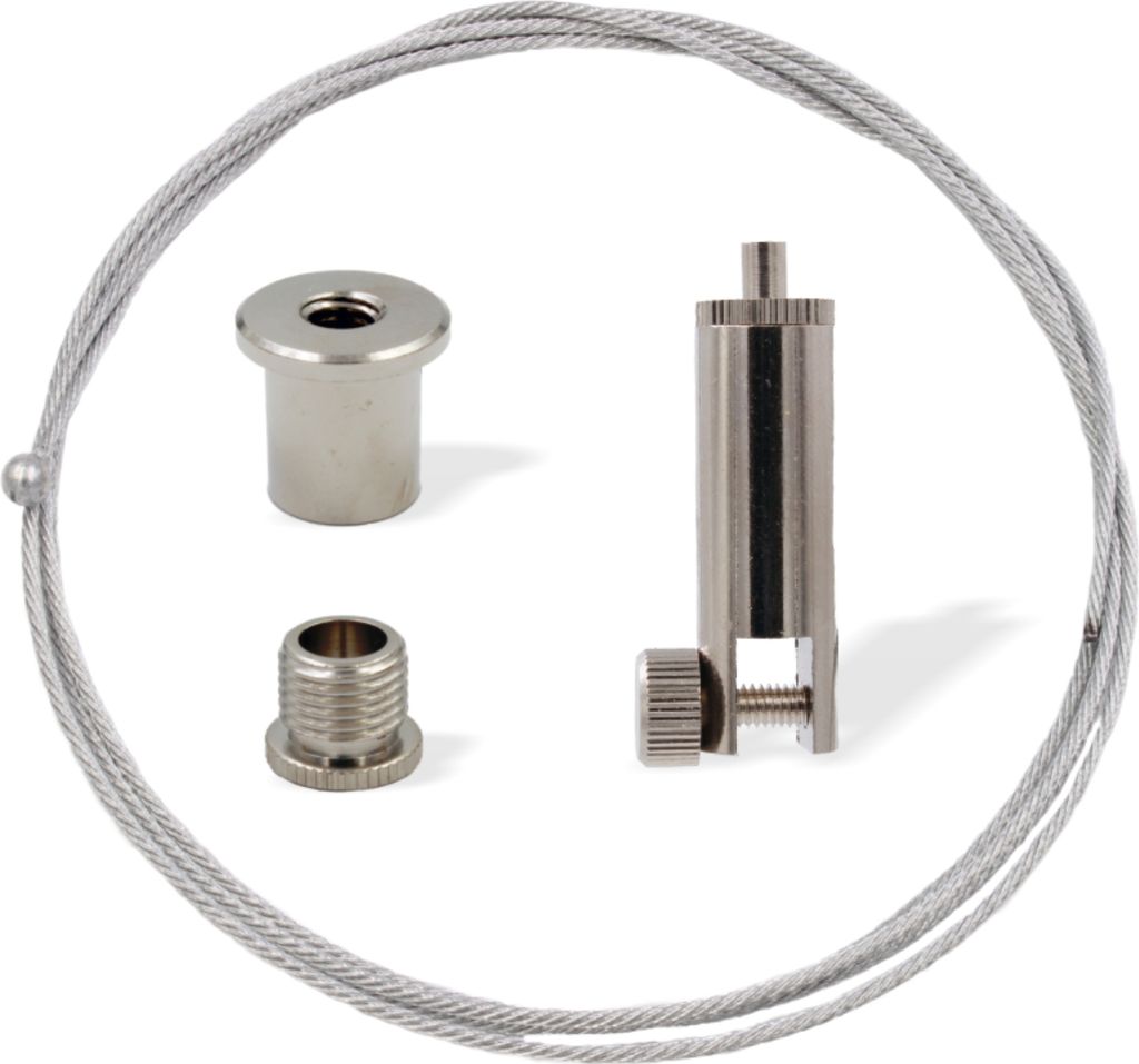 Abhängeset für Displays / Platten / Schilder bis 6 mm, Ø 1,5 mm, Länge 1500 mm | vernickelt
