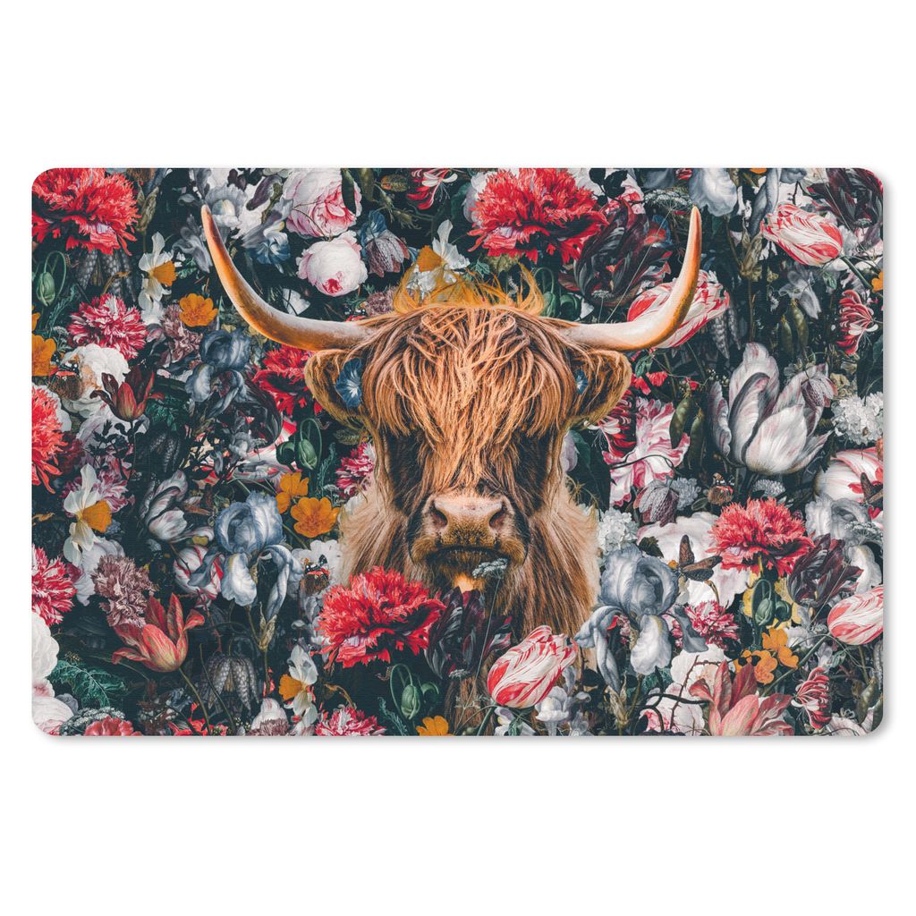 MuchoWow Schreibtischunterlage Schottischer Highlander - Illustration - Blumen 60x40 cm - XXL Mauspad - Großes Mauspad