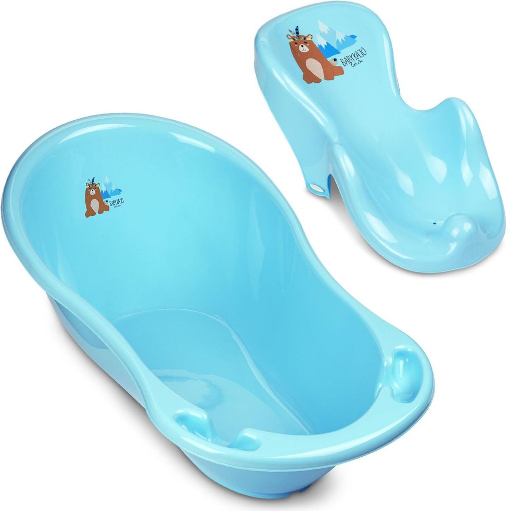 A blue baby bathtub and a blue baby bath seat are shown on a white background.