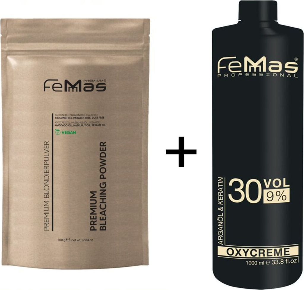FemMas Premium Blondierpulver Weiss 500g + Oxycreme 9% 1L Produktbild 