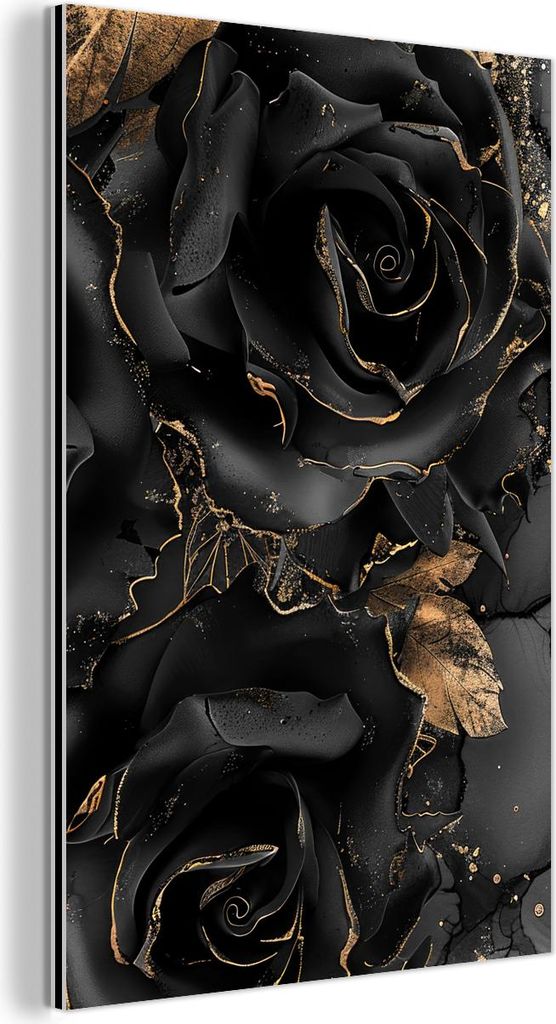 MuchoWow Wanddekoration Metall Metallbild Wandkunst 60x90 cm Rosen - Schwarz - Blumen - Gold MuchoWow Aluminium Gemälde - Wandbilder - Aluminium