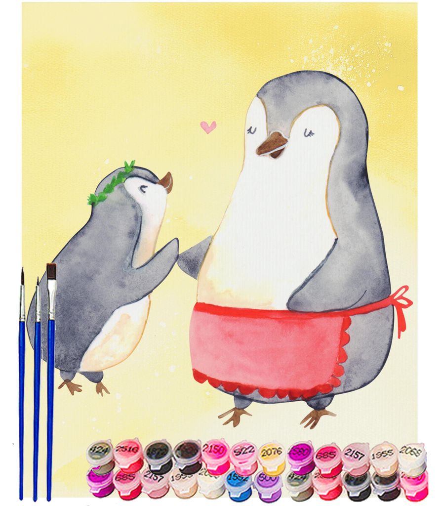 Mr. & Mrs. Panda Malen nach Zahlen Pinguin mit Kind 40 x 50 cm Ohne Rahmen - Gelb Pastell - Geschenk, Mama, Mutter, Muttertag, DIY, Zahlenbild, set...