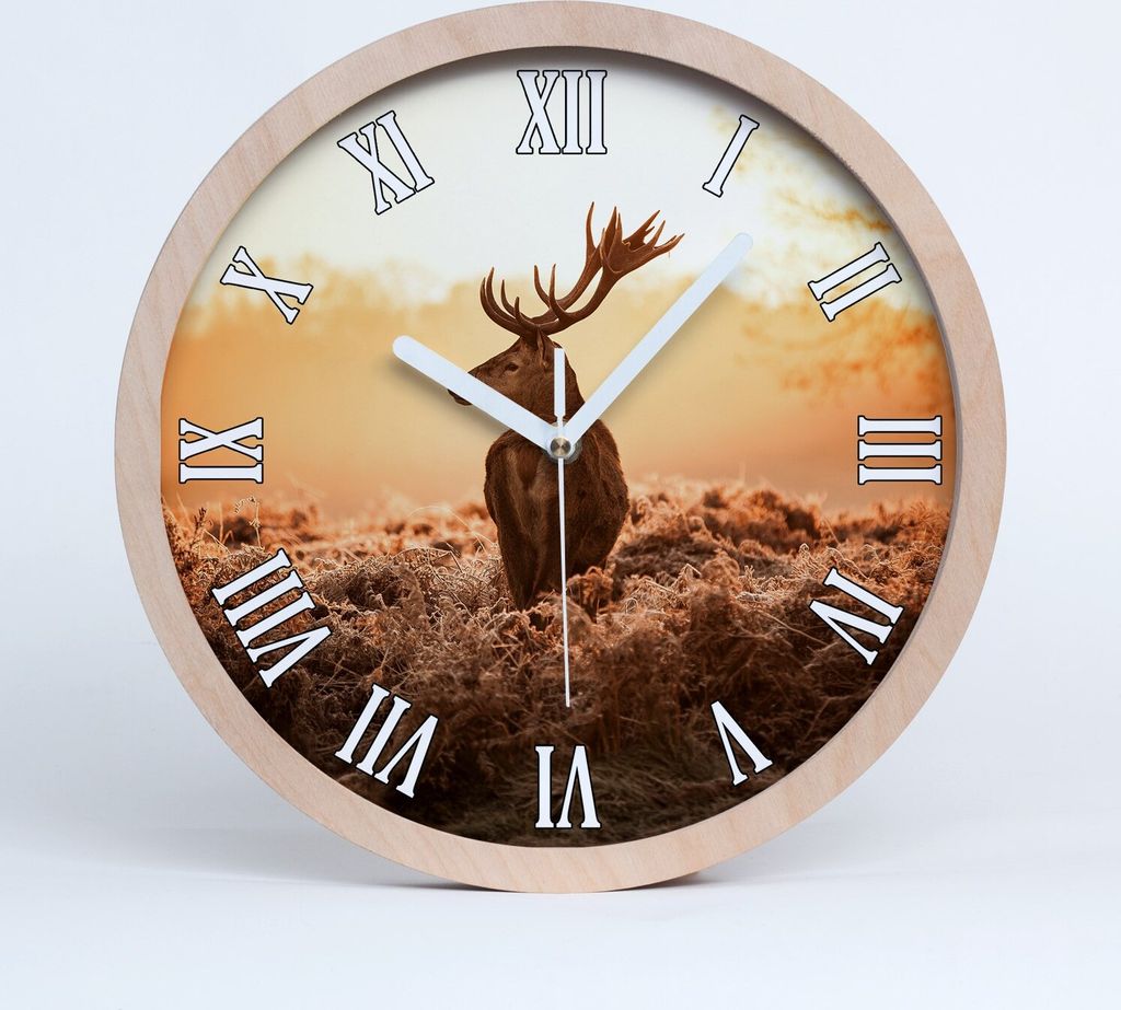 Holzuhr 25fi cm wanduhr - weiße Spitzen - Hirsch Sonnenaufgang